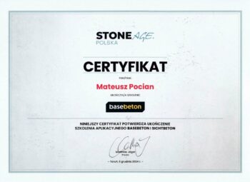 Certygikat ukończenia szkolenia aplikacyjnego basebeton i sichtbeton