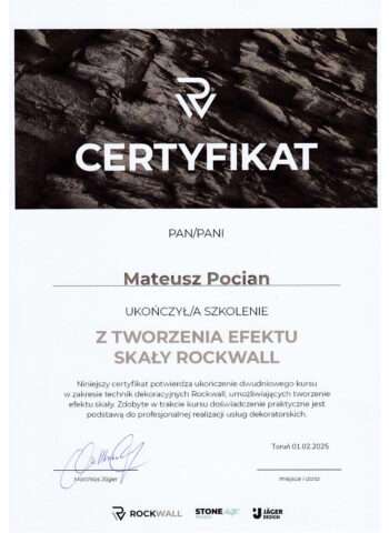 Certyfikat ukończenia szkolenia z tworzenia efektu skały rockwall
